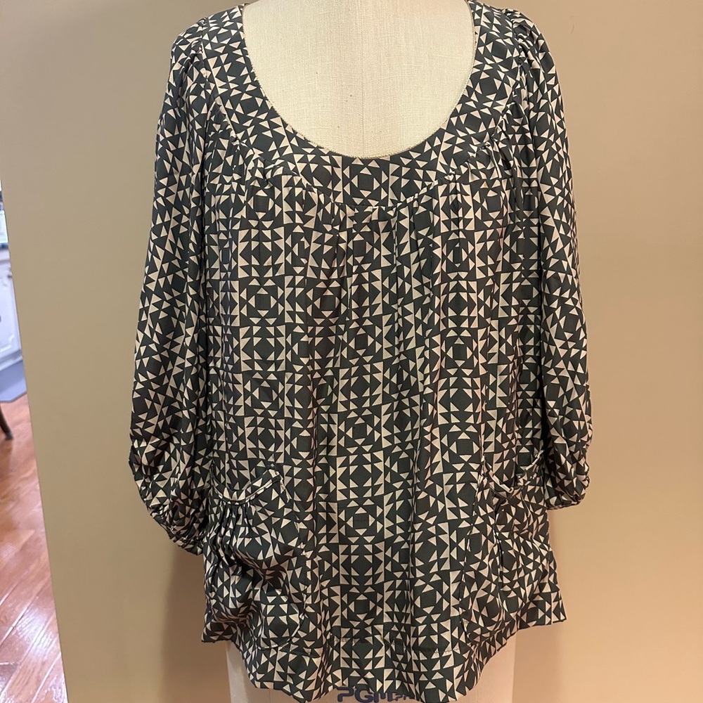 Sandro Gray and Cream Geometric Silk Blouse